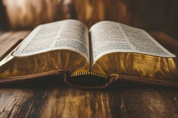 An open book with gilded edges resting on a wooden surface.