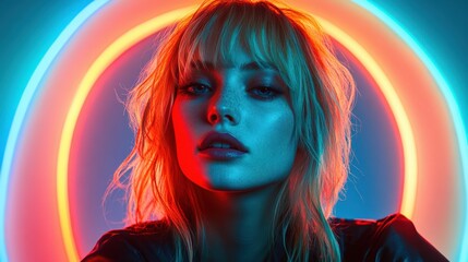 Naklejka premium Vibrant Portrait with Neon Glow and Striking Contrast