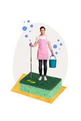 Creative abstract collage of young man stand sponge wash hold mop bucket housekeeping surrealism template metaphor artwork concept