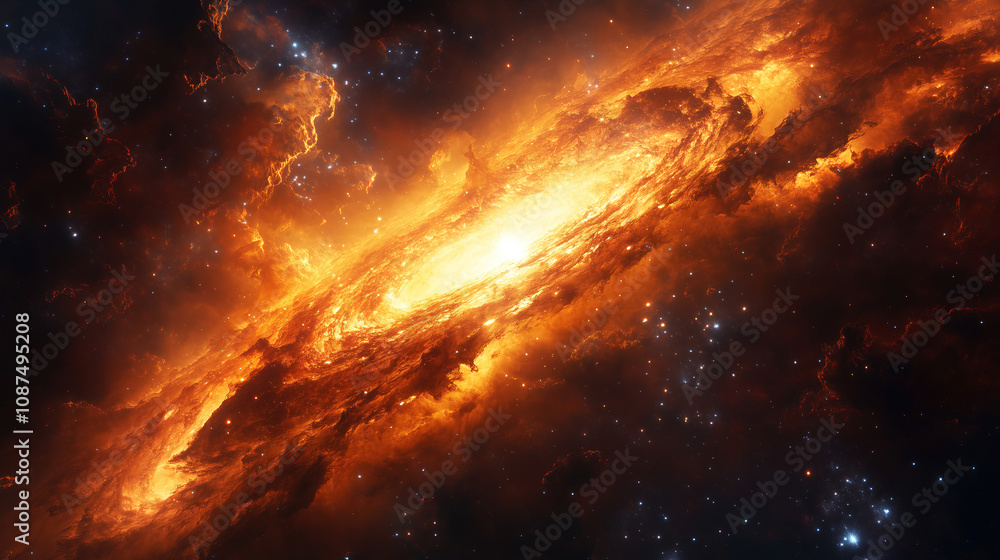 Poster a vibrant cosmic explosion illuminating the heart of a distant galaxy filled with swirling stars and