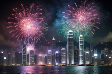 Colorful fireworks on night sky background. Celebration and holidays concept. Independence Day 4th of July, New Year, festival. Bright explosions of lights in sky. Place for your text.