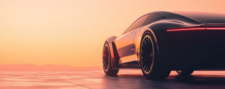 A sleek black sports car is silhouetted against a stunning sunset, highlighting its modern design and powerful presence.