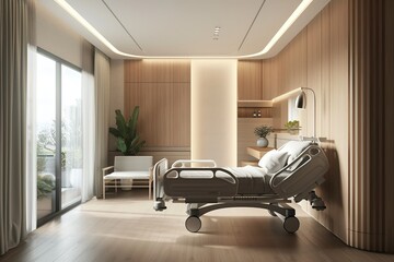 modern conceptual Luxury with Coastal-inspired stylish empty hospital room with natural materials and a neutral color palette