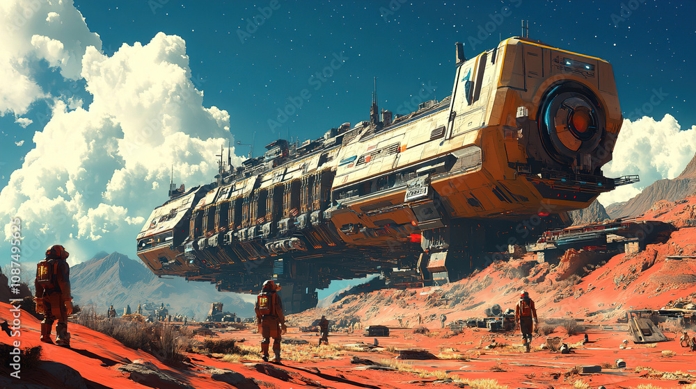 Leinwandbilder Space exploration mission on a red desert planet with a large spaceship and astronauts during a bright day with clouds. Generative AI