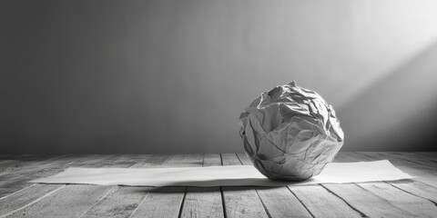 Crumpled monochrome paper ball and lumpy white sheet on a wooden floor create a unique visual composition, highlighting the textures and contrasts of monochrome paper.