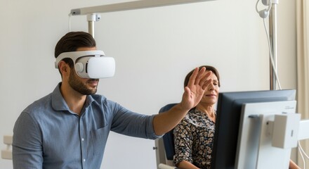 Fototapeta premium Man experiencing virtual reality in modern office setting