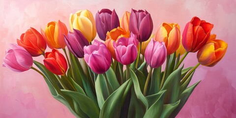 Fototapeta premium A vibrant bouquet of tulips displayed against a soft pink background, showcasing the beauty of tulips in a stunning arrangement that emphasizes their vivid colors and graceful form.