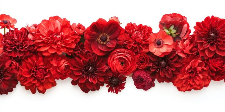Stunning arrangement of vibrant red flowers beautifully isolated against a white background, showcasing the exquisite beauty of red flowers in a captivating display.