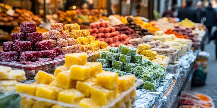 Colorful and delicious mesir paste displayed on a busy street, reflecting the rich sweet food culture and culinary traditions of Turkish cuisine, making it a perfect street food treat.