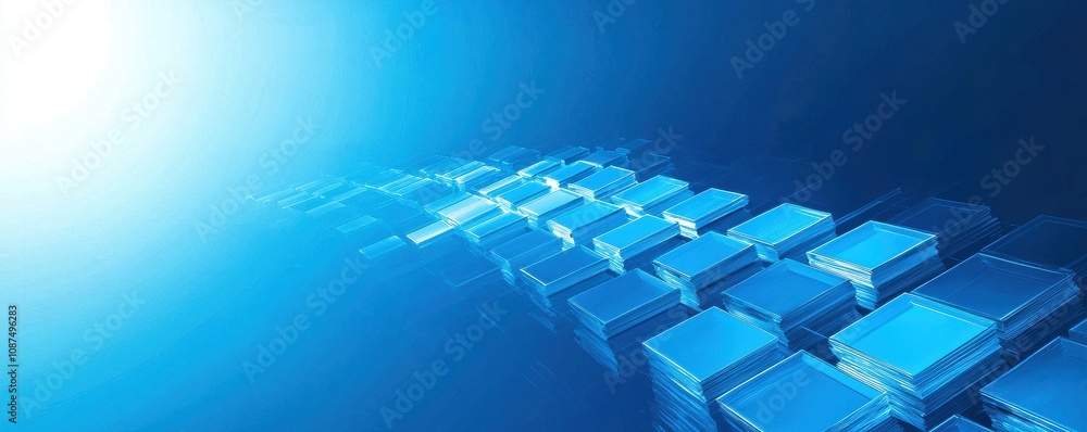 Poster a modern, abstract representation of digital technology with a blue color scheme, featuring intercon