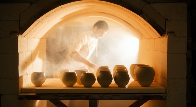 Artisan potter inspects ceramic pots in kiln