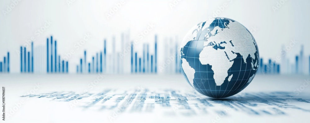Poster a globe sits on a surface with blue graphs in the background, symbolizing global data analysis and c