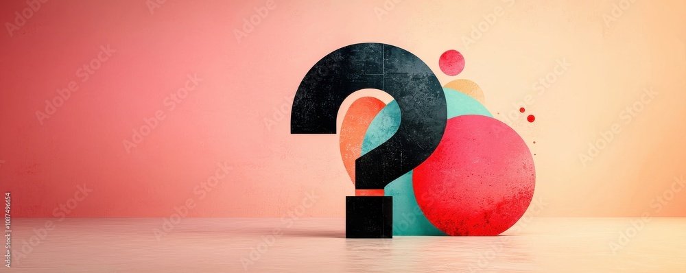 Poster a colorful composition featuring a large question mark with abstract circular shapes, symbolizing in
