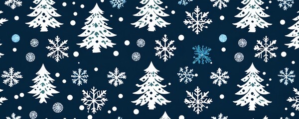 Winter-themed fabric pattern featuring white snowflakes and Christmas trees on a dark blue background