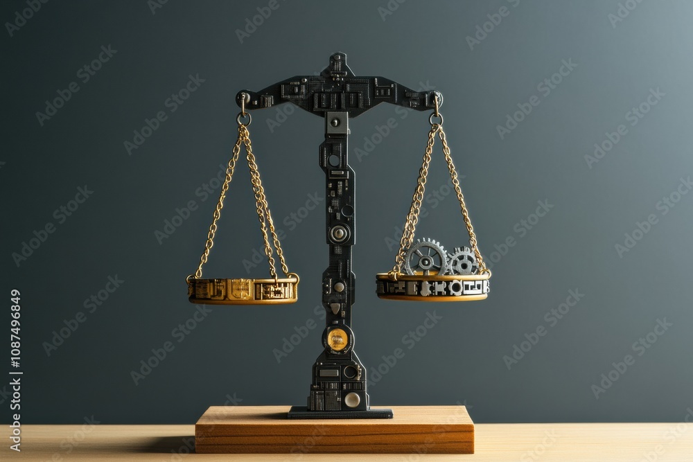 Aufkleber a unique balance scale design featuring metallic gears and decorative elements on a wooden platform 