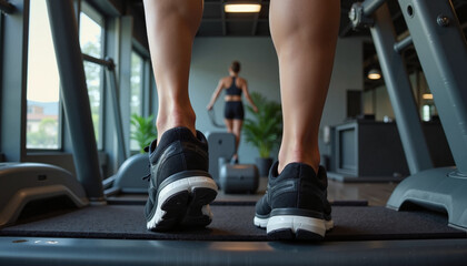 Close-up of a person's feet on a treadmill, with a woman running in the background, focused on fitness