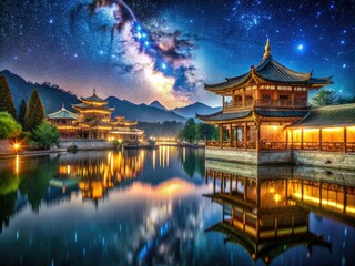 Naklejka premium Majestic Ancient Architecture Reflecting on Water at Night â€“ A Testament to Historical Beauty and Travel Wonders, Capturing Timeless Elegance and Cultural Heritage in Stunning Detail