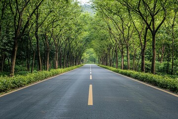 Obraz premium Serene Tree-Lined Road Inviting Exploration and Peaceful Journeys