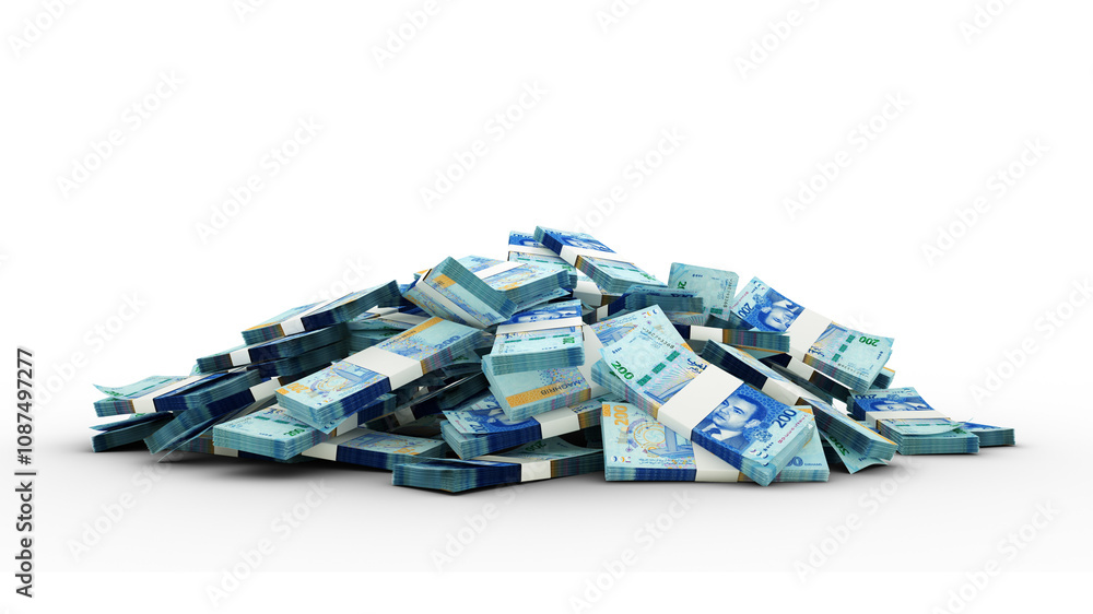 Aufkleber 3d rendering of stacks of 200 morocco dirham notes isolated on transparent background.