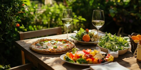 Obraz premium Dinner in a home garden featuring pizza, salads, fruits, and white wine on a table set in a serene outdoor space, perfect for enjoying a delightful meal amidst nature s beauty.