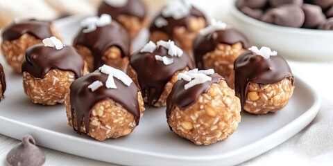 Vegan candies made with chickpeas and peanut butter, coated in chocolate glaze and topped with coconut chips. These chickpea energy balls offer a healthy, sugar free raw dessert option.