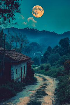 A dirt road leading to a small house with a full moon in the sky
