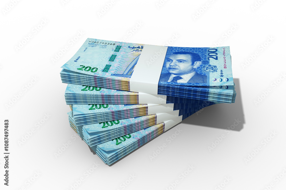 Poster 3d rendering of stack of morocco dihram notes. few bundles of dirham currency isolated on transparen