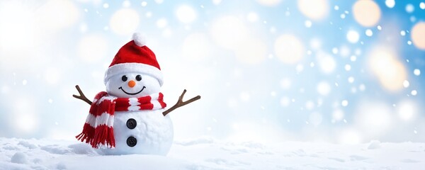 Fototapeta premium Cheerful snowman wearing a red hat and scarf stands in a snowy landscape with soft bokeh lights during winter festivities. Christmas and New Year
