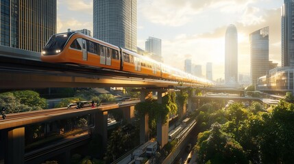 An elevated Thai train speeding above the bustling city, showcasing modern infrastructure.