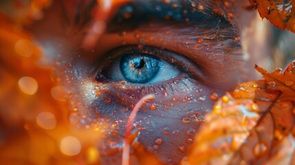 Captivating Double Exposure of a Human Eye with Autumn Leaves and Water Droplets Creating a Dreamlike Effect