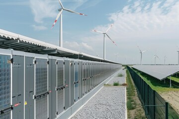 Outdoor Storage. Battery Storage of Surplus Electricity in Netherlands Solar and Wind Energy Power Plant