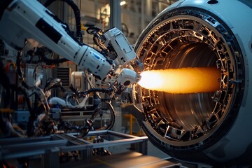 Robot arm performs precision work on a space engine in a high-tech workshop. Generative AI