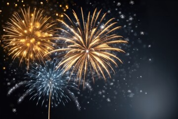 Colorful fireworks on night sky background. Celebration and holidays concept. Independence Day 4th of July, New Year, festival. Bright explosions of lights in sky. Place for your text.