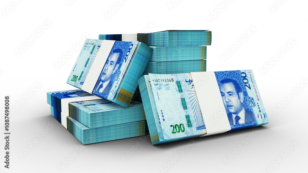 Poster 3d rendering of stack of morroco dirham notes. bundles of morocco currency notes isolated on transpa