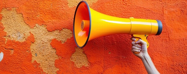 A vibrant orange wall features a hand holding a yellow megaphone, symbolizing communication and amplification of voices.