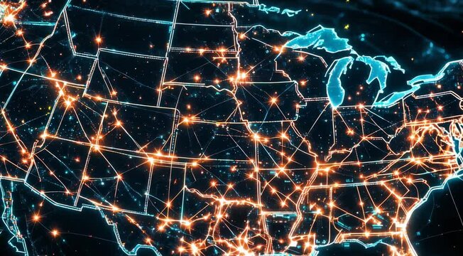 Exploring the illuminated map of the United States showcasing major cities and interconnected networks