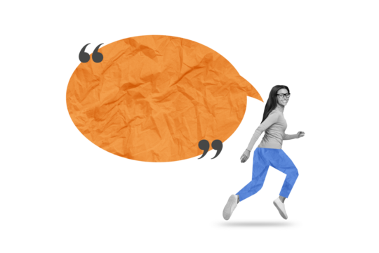 Creative abstract collage of funny young female running speech bubble speak tell talk surrealism template metaphor artwork concept