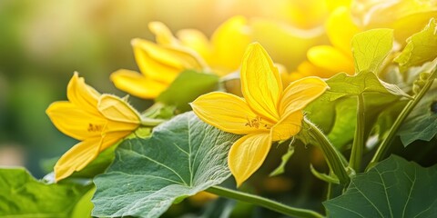 Fototapeta premium Yellow squash flowers and vibrant green leaves are characteristic of the squash family, showcasing the beauty and diversity of squash vines in nature s stunning display.