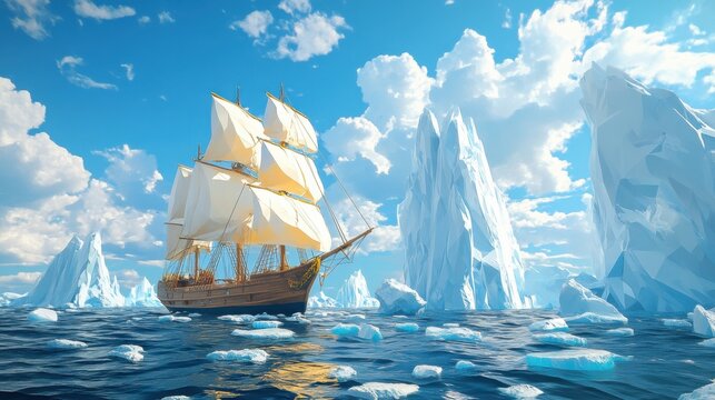 Sailing Ship Between Towering Arctic Icebergs