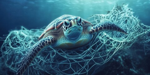 Obraz premium Endangered Sea Turtle caught in a fishing net, leading to its tragic death, highlights the urgent need for marine protection and awareness against ocean environmental destruction.