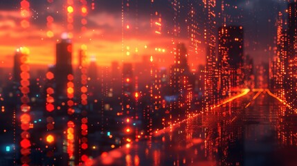 Fototapeta premium Futuristic Urban Landscape with Neon Lights and Digital Elements at Sunset