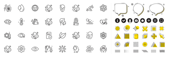 Set of Thermometer, Medicine and Farsightedness line icons for web app. Design elements, Social media icons. Molybdenum mineral, Oil drop, Vitamin b6 icons. Vector