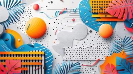 Vibrant Abstract Paper Art Collage with Geometric Shapes and Tropical Leaves in Bold Colors