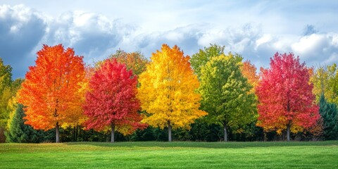 Vibrant set of trees showcasing stunning autumn colors, creating a picturesque scene filled with rich hues and the essence of the season. Appreciate the beauty of these autumn colors in nature.