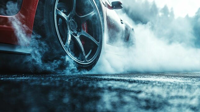 Red Sports Car Wheel Spinning Smoke