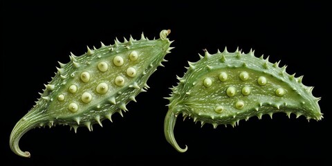 Fototapeta premium Momordica dioica, also known as spine gourd or orpiny gourd, features a unique creeper growth habit and distinct spiny texture, making it an intriguing addition to botanical collections.