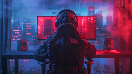 Futuristic E-Sports Event Background with Gamer in Neon-Lit Room and Cityscape