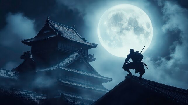A lone ninja stands on a rooftop, silhouetted against a full moon and a majestic Japanese castle in the distance. The night is shrouded in mist, adding to the mystery and intrigue of the scene.