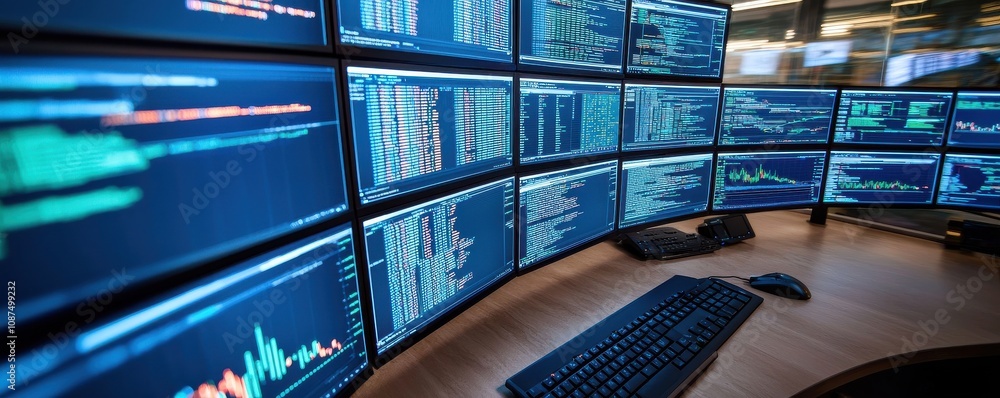 Poster a high-tech trading room featuring multiple screens displaying financial data, charts, and analytics
