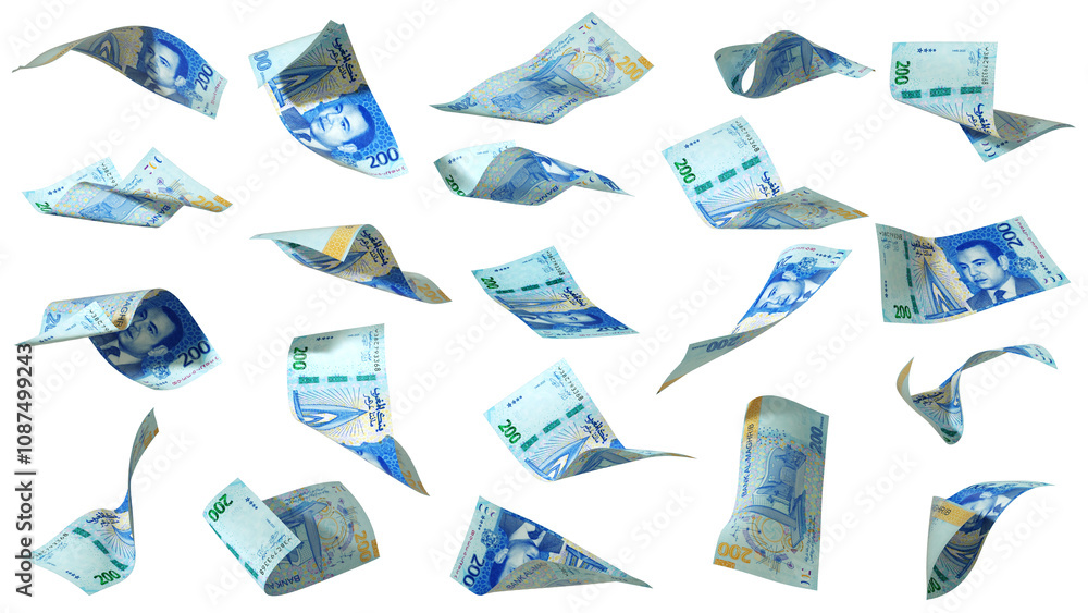 Aufkleber 3D rendering of 200 Morocco Dirham notes flying in different angles and orientations isolated on transparent   background
